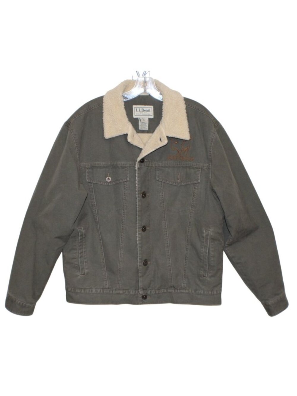 Vintage LL Bean Canvas Trucker Jacket Sherpa Lined Olive Green Mens Medium Logo
